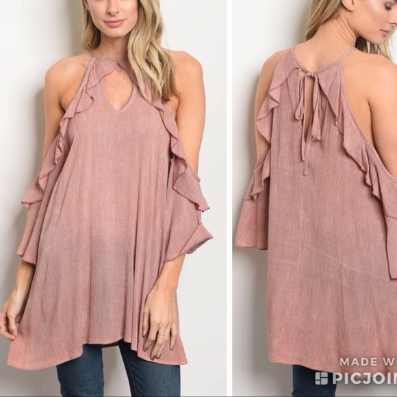 Tops - Mauve, Ruffle tunic Cold Shoudler top